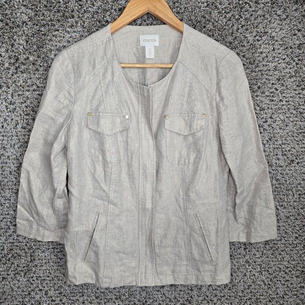 Chicos Jacket‎ Womens 0 US Small Beige Shimmer Linen Full Zip Pockets Ladies